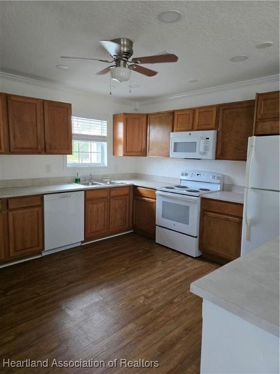 kitchen with ornamental molding, dark hardwood / wood-style floors, sink, and white appliances