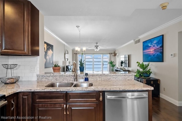 kitchen with stainless steel dishwasher, ornamental molding, ceiling fan with notable chandelier, dark brown cabinetry, and sink