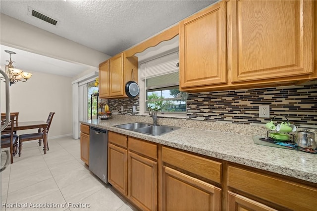 1536 Meadowbrook St, Lake Placid, FL 33852 - kitchen with stainless steel dishwasher, a sink, tasteful backsplash, a chandelier, and light tile patterned floors