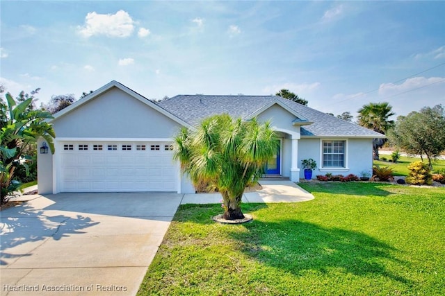 ranch-style home featuring an attached garage, a front yard, concrete driveway, and stucco siding