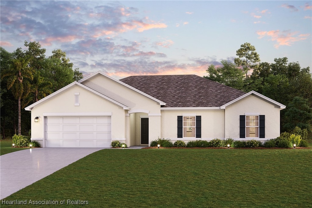 709 Oak Hammock Ct, Avon Park, FL 33825 - ranch-style house with driveway, a yard, an attached garage, and stucco siding