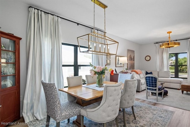 dining space with a notable chandelier and hardwood / wood-style flooring