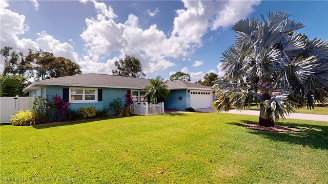 ranch-style home featuring a front yard, a garage, and central AC unit