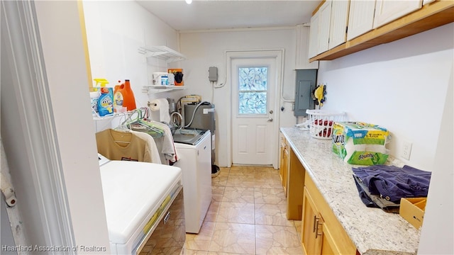 laundry area featuring electric panel, electric water heater, and washer and dryer