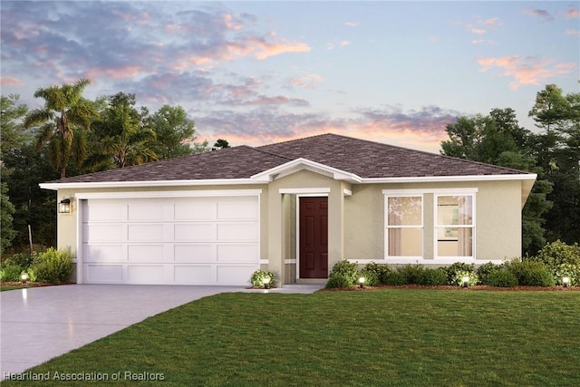 ranch-style home featuring driveway, roof with shingles, an attached garage, a front lawn, and stucco siding