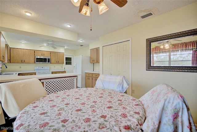 dining area featuring ceiling fan, sink, and a textured ceiling