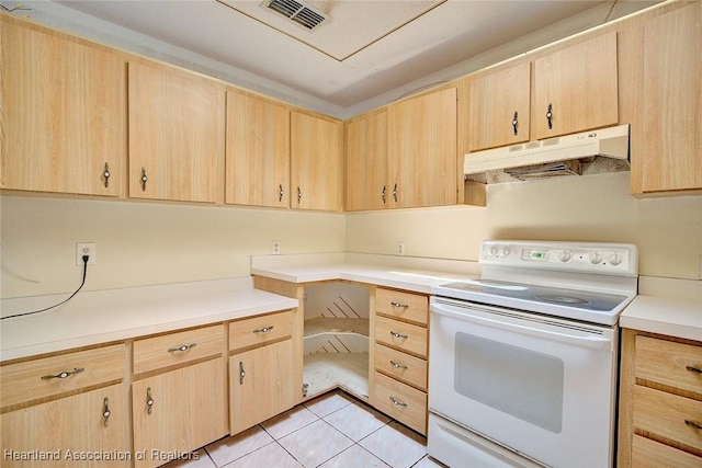 kitchen with under cabinet range hood, light countertops, white electric range oven, and light brown cabinets