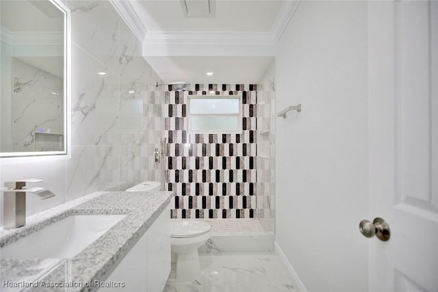 bathroom with a shower, toilet, vanity, tile walls, and ornamental molding