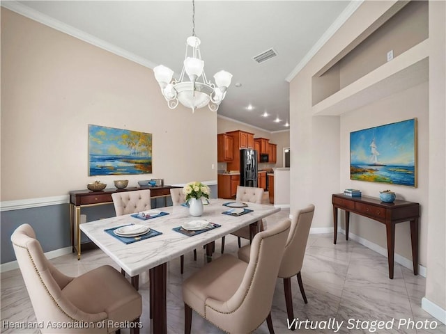 897 Entrance Rd, Avon Park, FL 33825 - dining area with a notable chandelier, visible vents, marble finish floor, and ornamental molding