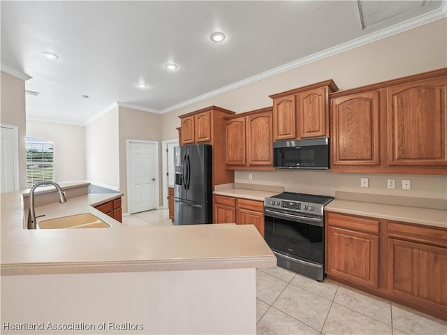 897 Entrance Rd, Avon Park, FL 33825 - kitchen with ornamental molding, light countertops, electric range, black fridge with ice dispenser, and a sink