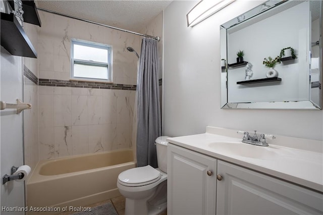 full bathroom featuring toilet, vanity, tile patterned flooring, shower / bathtub combination with curtain, and a textured ceiling