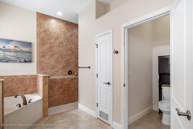 full bathroom with a walk in shower, toilet, baseboards, tile patterned floors, and a bath