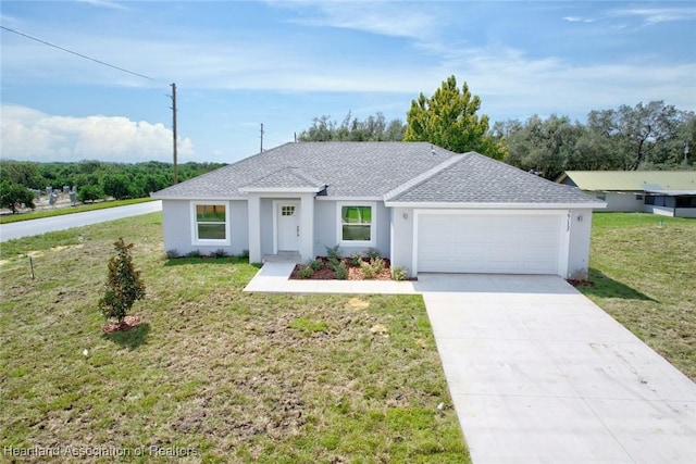 ranch-style house with a front yard and a garage