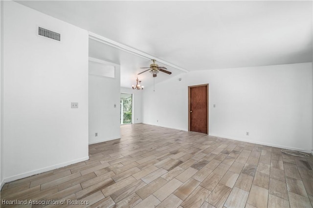 interior space featuring vaulted ceiling with beams, light hardwood / wood-style floors, and ceiling fan