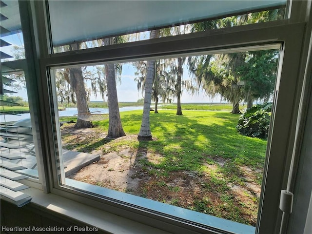 interior space featuring a water view