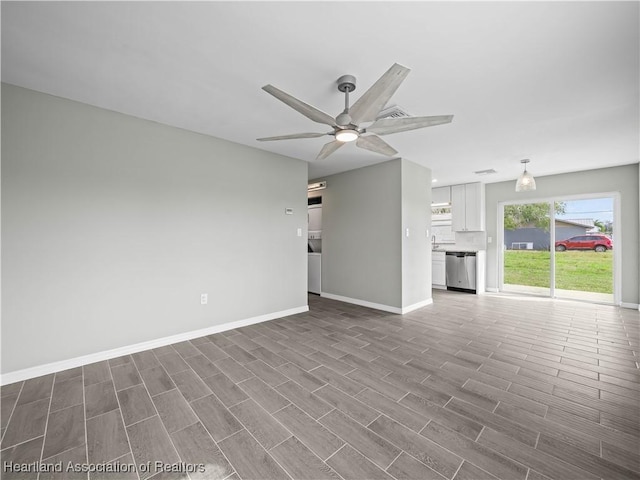 unfurnished living room with wood-type flooring and ceiling fan