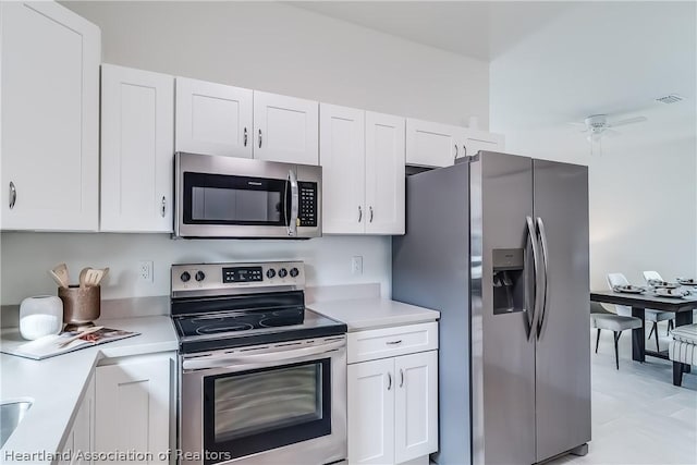 kitchen featuring appliances with stainless steel finishes, white cabinetry, and ceiling fan