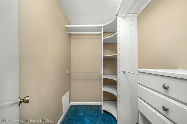 walk in closet with dark carpet