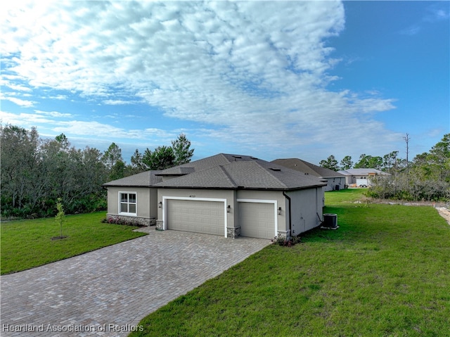 4737 Myrtle Dr, Sebring, FL 33872 - view of front of house with stucco siding, an attached garage, a front yard, decorative driveway, and a shingled roof