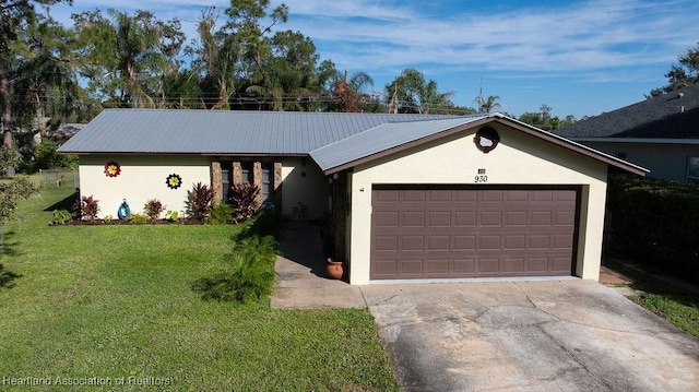 single story home with a garage and a front lawn