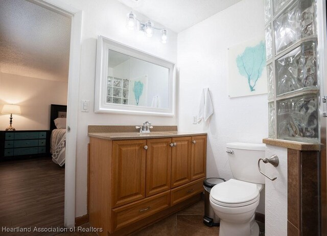 bathroom with vanity, a textured ceiling, and toilet