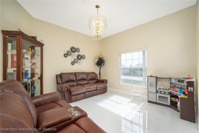 living room featuring an inviting chandelier