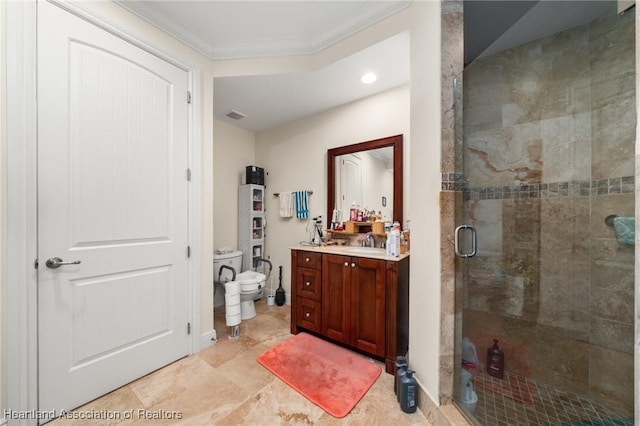 2351 Lakeview Dr Unit 219, Sebring, FL 33870 - full bathroom featuring toilet, a stall shower, vanity, crown molding, and recessed lighting