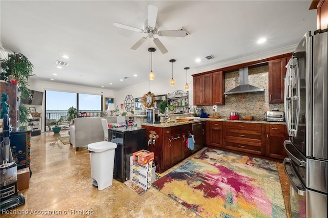 2351 Lakeview Dr Unit 219, Sebring, FL 33870 - kitchen with freestanding refrigerator, wall chimney exhaust hood, a peninsula, tasteful backsplash, and ceiling fan