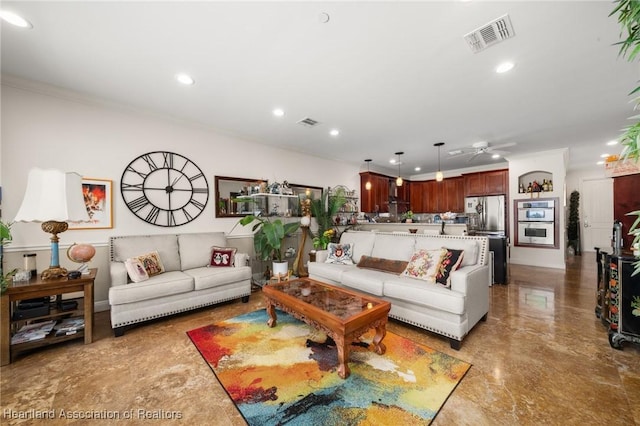 2351 Lakeview Dr Unit 219, Sebring, FL 33870 - living area featuring recessed lighting, ceiling fan, and crown molding