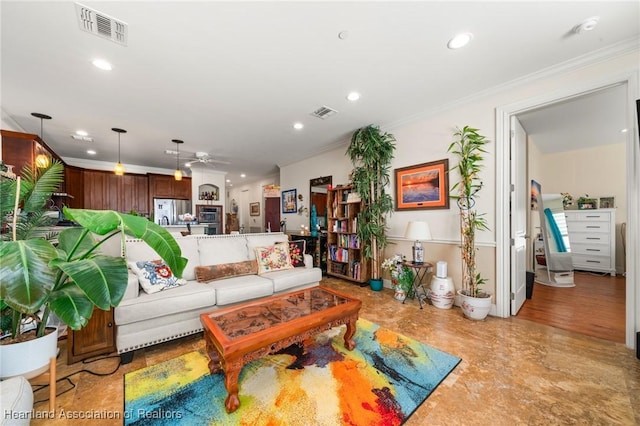 2351 Lakeview Dr Unit 219, Sebring, FL 33870 - living room with crown molding, recessed lighting, and a ceiling fan