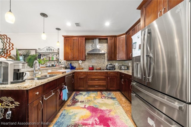 2351 Lakeview Dr Unit 219, Sebring, FL 33870 - kitchen with appliances with stainless steel finishes, wall chimney exhaust hood, a sink, light stone counters, and tasteful backsplash