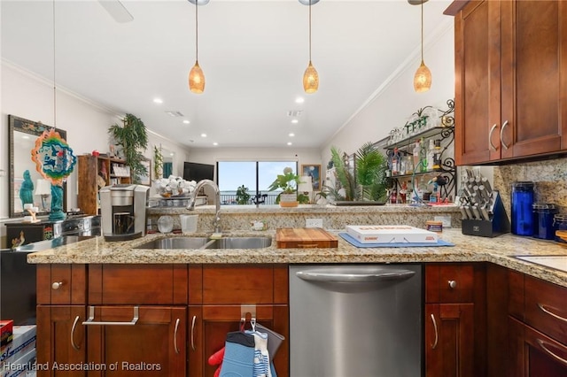2351 Lakeview Dr Unit 219, Sebring, FL 33870 - kitchen featuring dishwasher, a sink, ornamental molding, tasteful backsplash, and light stone countertops