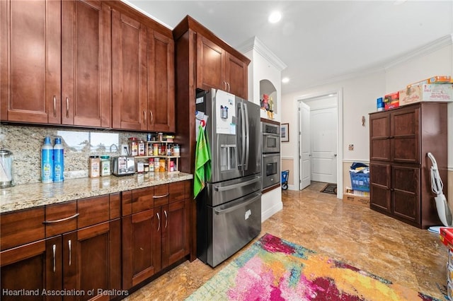 2351 Lakeview Dr Unit 219, Sebring, FL 33870 - kitchen featuring stainless steel appliances, backsplash, light stone countertops, crown molding, and recessed lighting