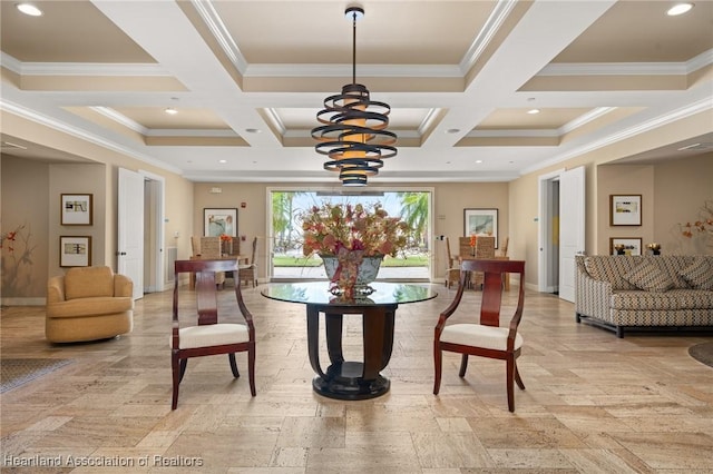 2351 Lakeview Dr Unit 219, Sebring, FL 33870 - dining space featuring coffered ceiling, crown molding, baseboards, beamed ceiling, and a chandelier