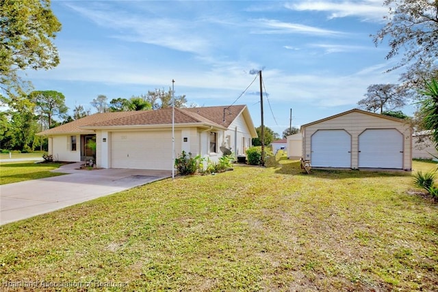 single story home with a garage and a front yard