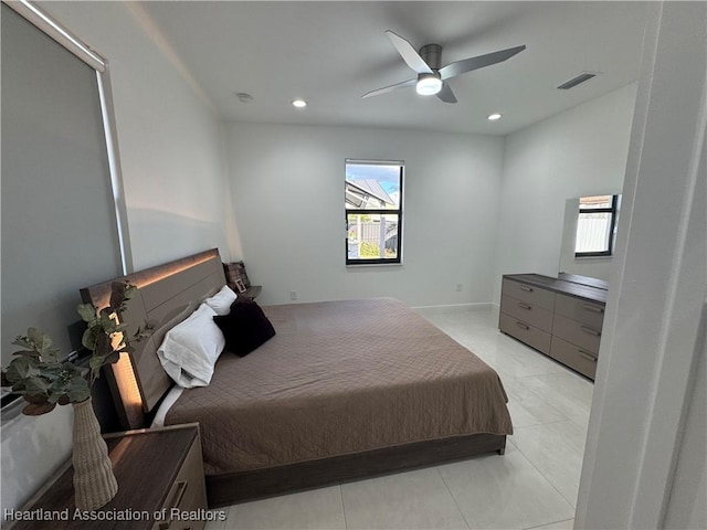 bedroom with light tile patterned flooring, recessed lighting, visible vents, and ceiling fan