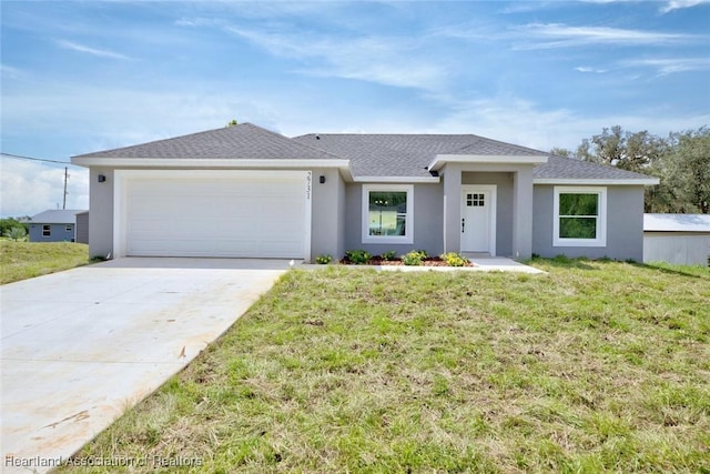 2731 W Albatross Rd, Avon Park, FL 33825 - view of front of property with an attached garage, driveway, stucco siding, a front yard, and roof with shingles