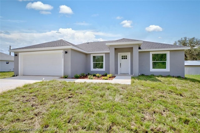 2731 W Albatross Rd, Avon Park, FL 33825 - view of front of house featuring an attached garage, concrete driveway, stucco siding, a front lawn, and roof with shingles