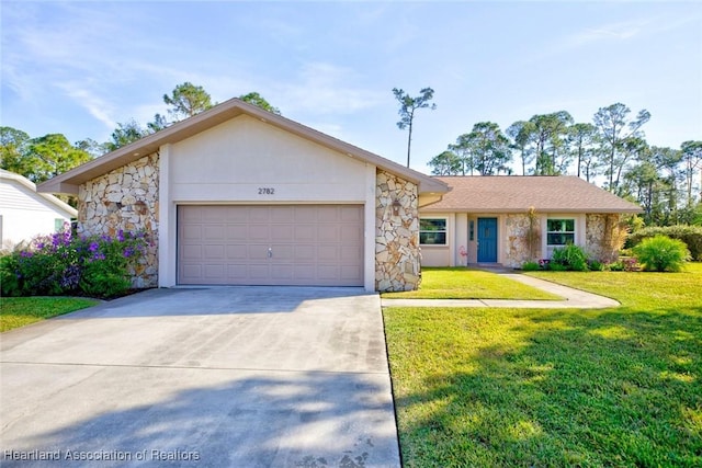 ranch-style house featuring a garage, driveway, stone siding, a front lawn, and stucco siding