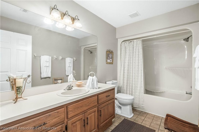 bathroom featuring visible vents, toilet, shower / bath combo, vanity, and tile patterned floors