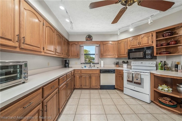 kitchen with black microwave, white electric range, dishwasher, and open shelves