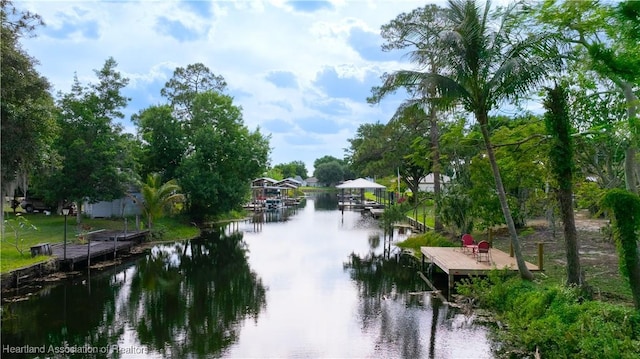 view of water feature with a dock