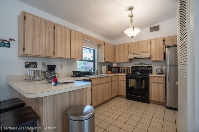 kitchen featuring freestanding refrigerator, black / electric stove, vaulted ceiling, under cabinet range hood, and visible vents
