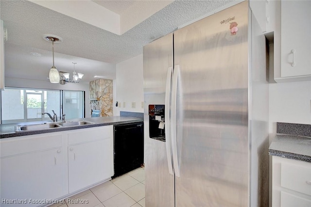 kitchen with white cabinetry, sink, hanging light fixtures, black dishwasher, and stainless steel refrigerator with ice dispenser