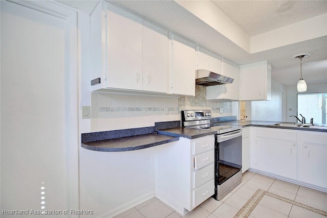 kitchen featuring sink, tasteful backsplash, light tile patterned flooring, stainless steel electric stove, and white cabinets