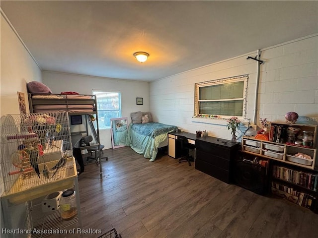 bedroom with dark hardwood / wood-style floors