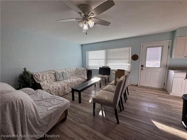 living room with wood-type flooring and ceiling fan