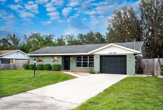 ranch-style home featuring a garage and a front lawn