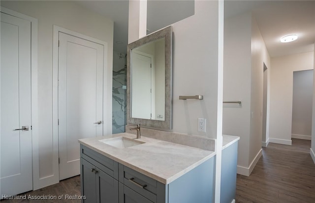 bathroom featuring hardwood / wood-style floors and vanity