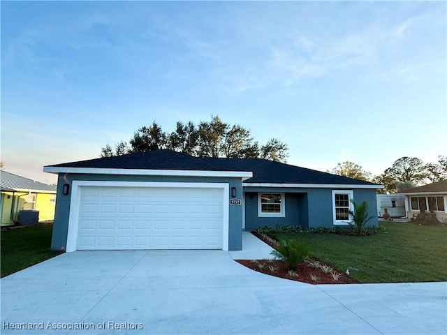 ranch-style house with a front lawn, a garage, and cooling unit